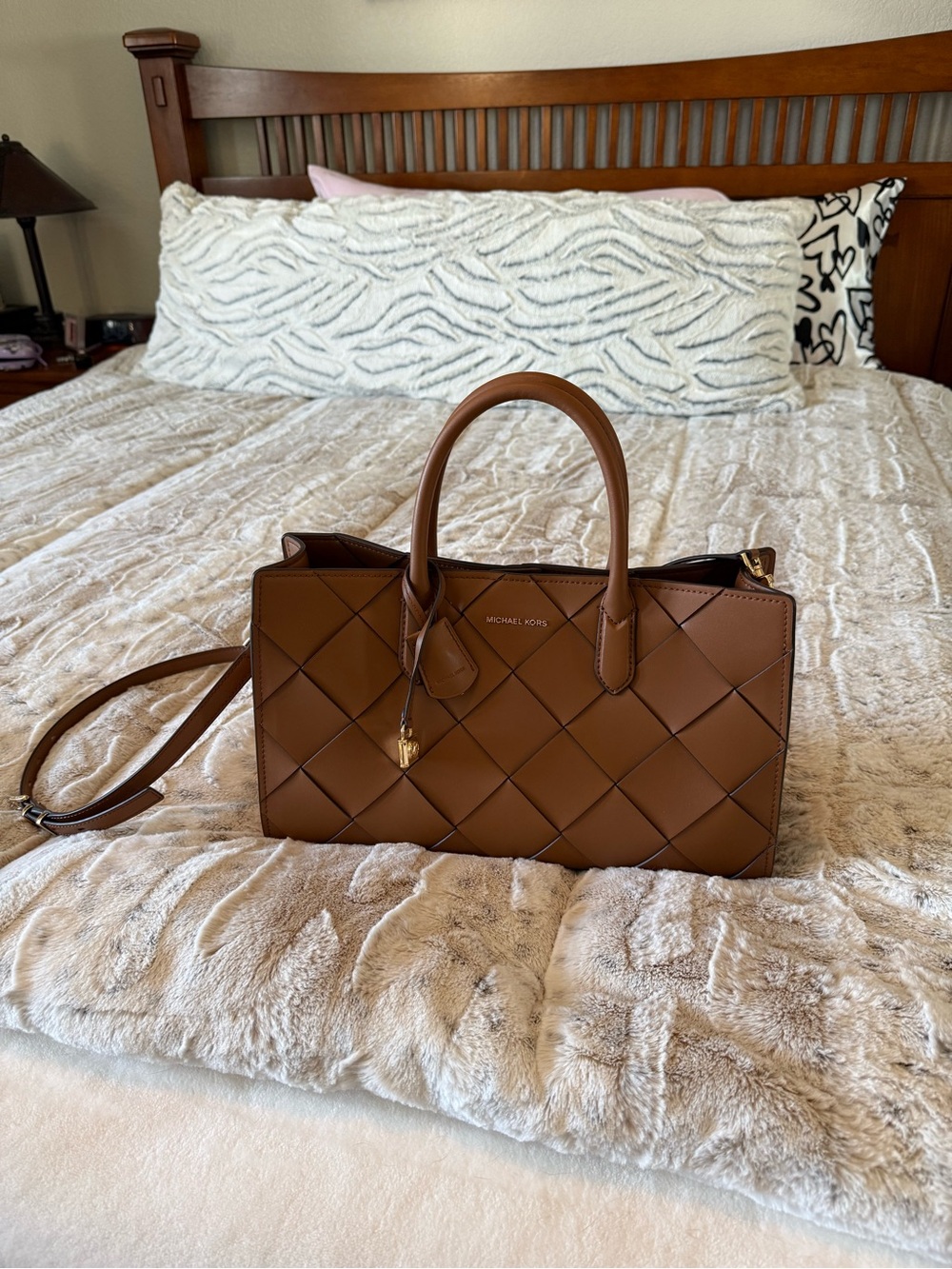 Michael Kors Woven Satchel in Cognac Brown with Gold Accent - Picture 3 of 9